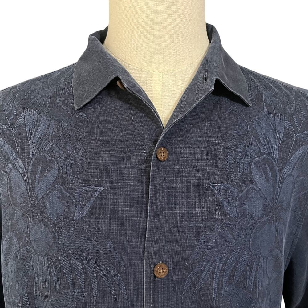 Tommy Bahama Mens Blue 100% Silk Floral Button Down Short Sleeve Shirt Sz L Camp